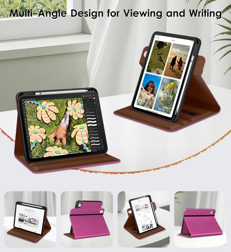 DTTO for iPad A16 Case, iPad 11th / 10th Generation Case (2025/2022), 360 Degree Rotating Premium Leather Folio Stand Cover with Pencil Holder, Rose Red - Image 2